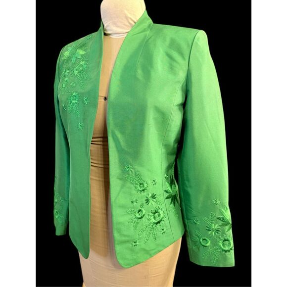 Peck & Peck  Collection Emerald Green 100% Silk Embroidered Blazer Vintage Sz. 6 - Picture 4 of 9